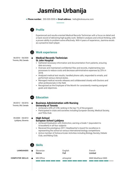 Medical Records Technician Resume Example