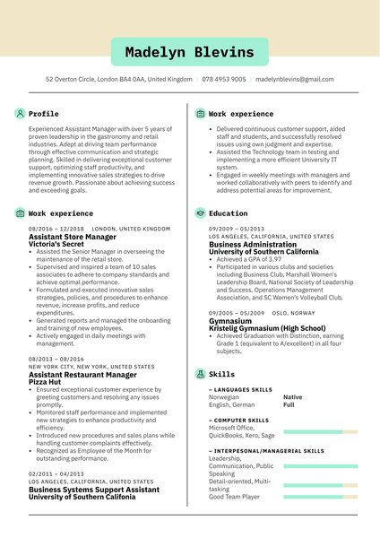 Assistant Manager Resume Example