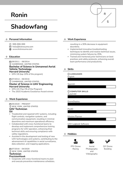 UAV Technician Resume Sample