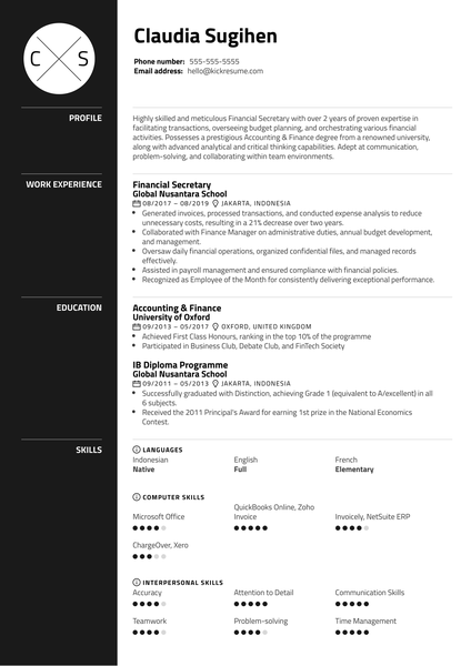 Financial Secretary Resume Example