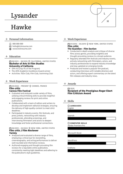 Film Critic Resume Sample