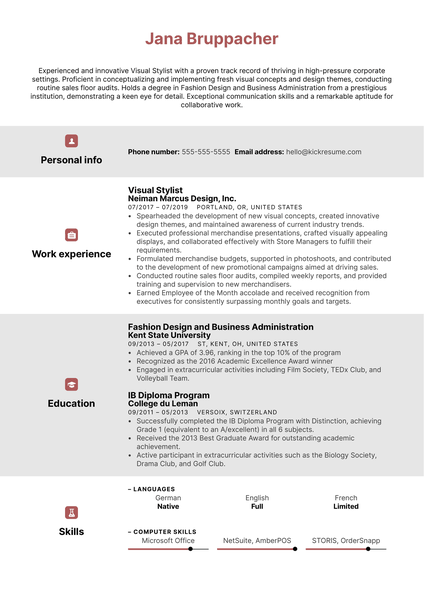 Visual Stylist Resume Example