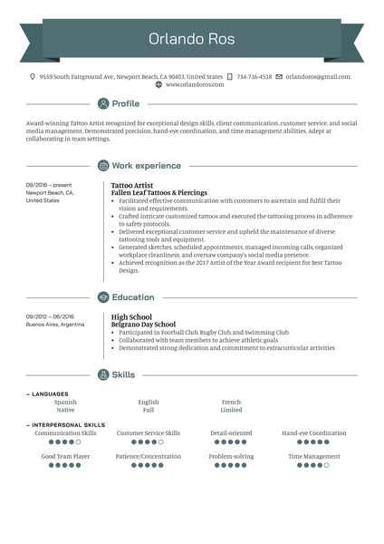 Tattoo Artist Resume Sample