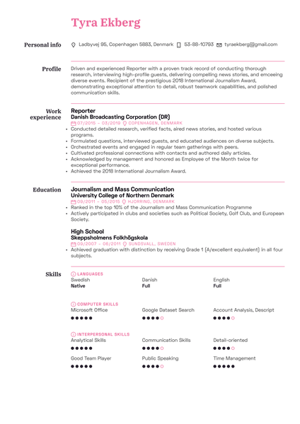 Reporter Resume Sample