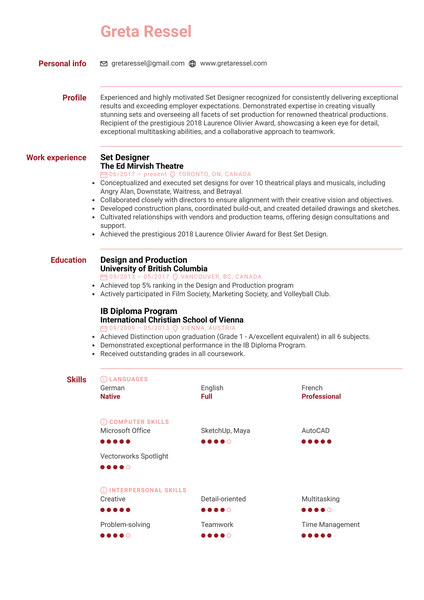 Set Designer Resume Sample