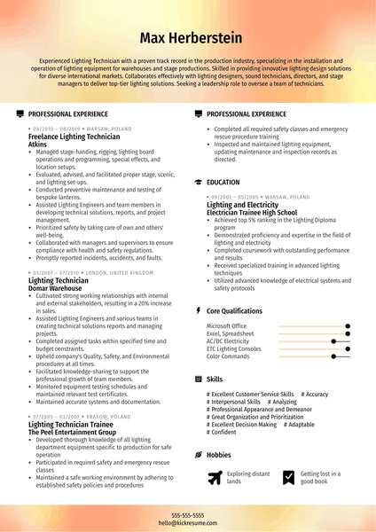 Freelance Lighting Technician Resume Example