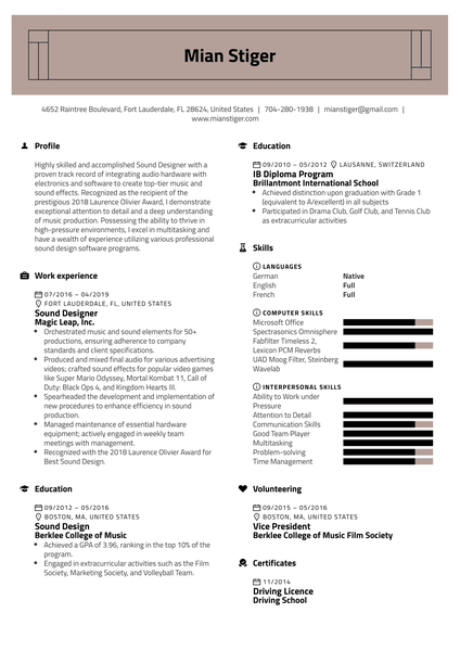 Sound Designer Resume Sample