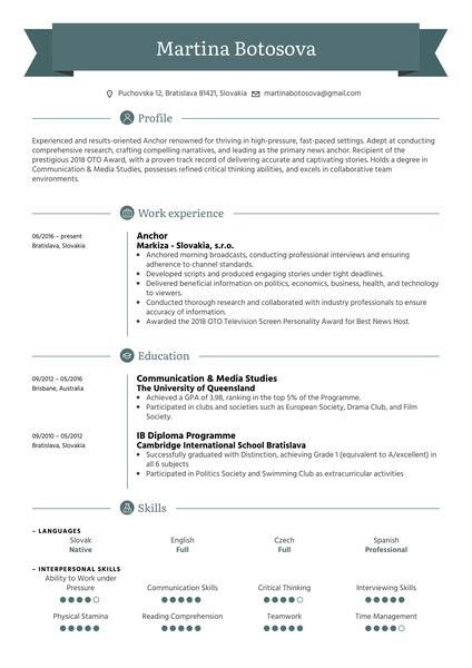 Anchor Resume Sample