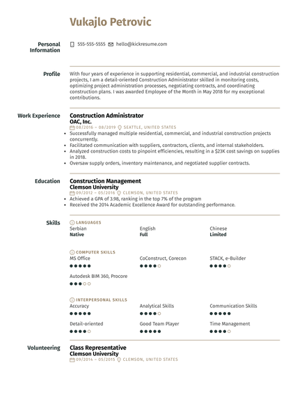 Construction Project Manager Resume Sample