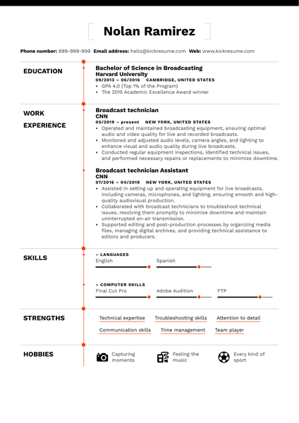 Broadcast Technician Resume Sample