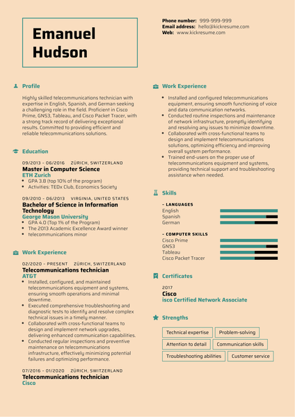 Telecommunications technician Resume Sample