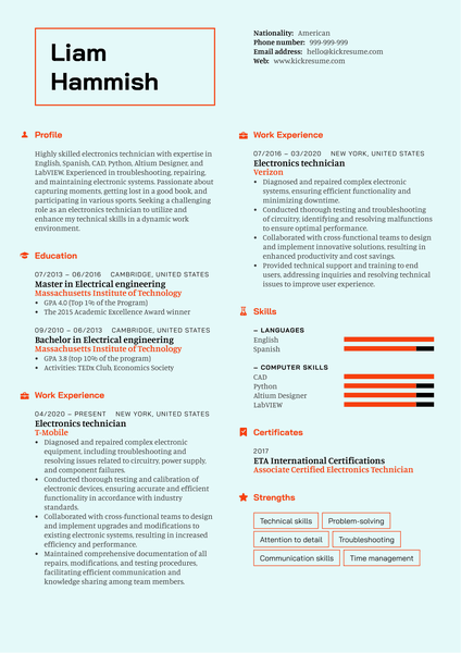 Electronics Technician Resume Sample