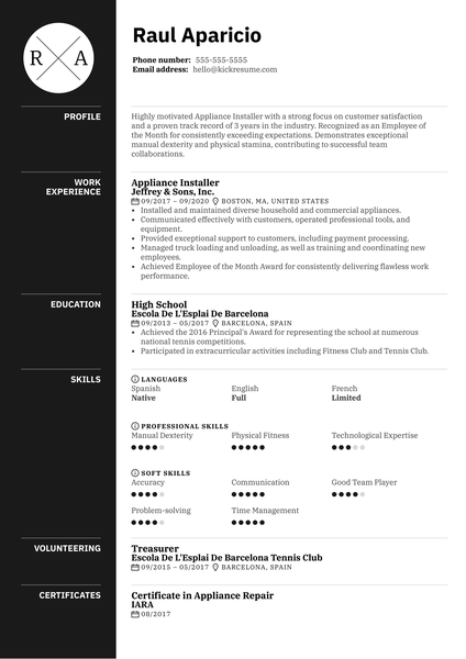 Appliance Installer Resume Sample