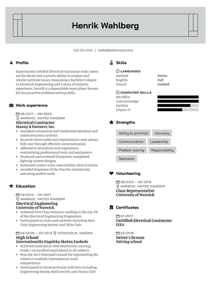 Electrical Contractor Resume Example