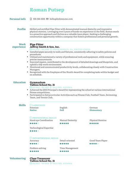 Pipe Fitter Resume Sample