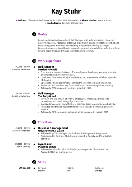 Deli Manager Resume Example