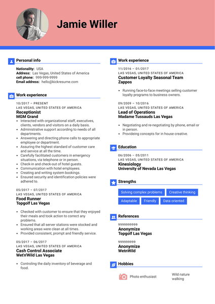 MGM Grand Receptionist Resume Template