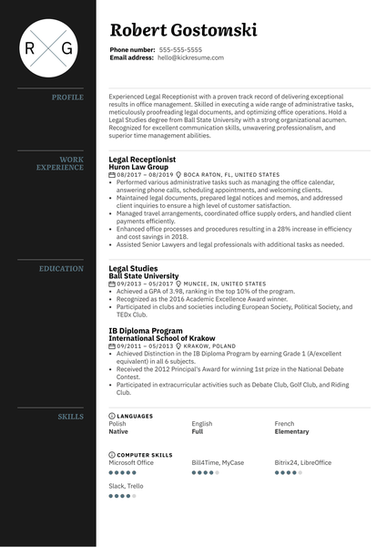 Legal Receptionist Resume Template