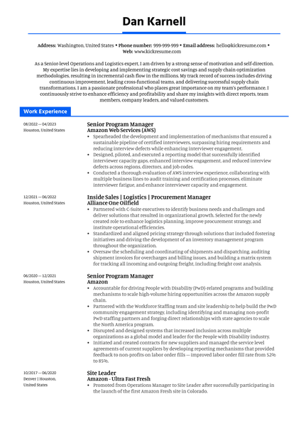 Senior Program Manager at Amazon Web Services Resume Sample