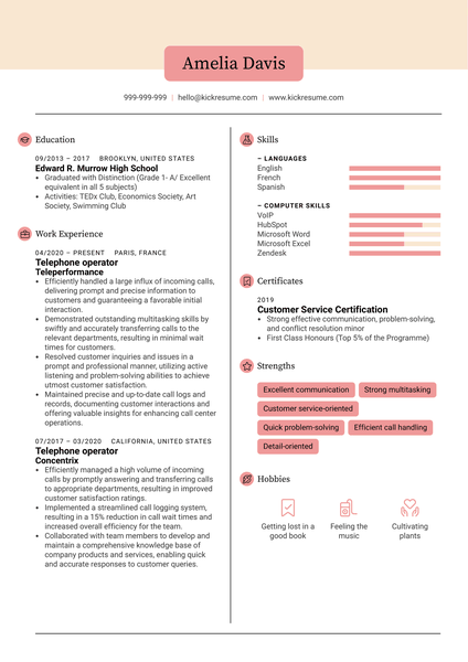 Telephone operator Resume Sample