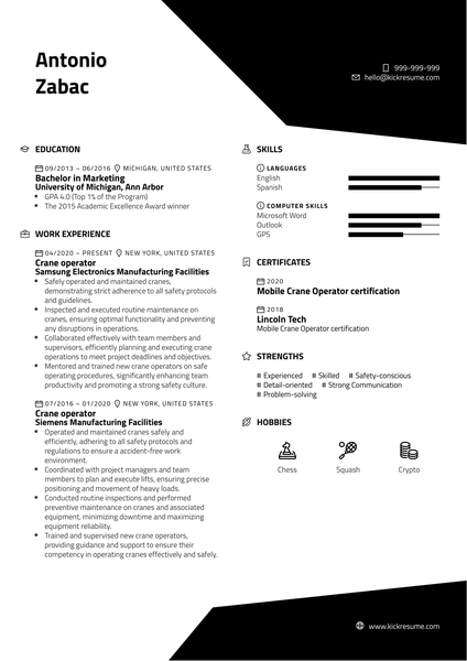 Crane Operator Resume Sample