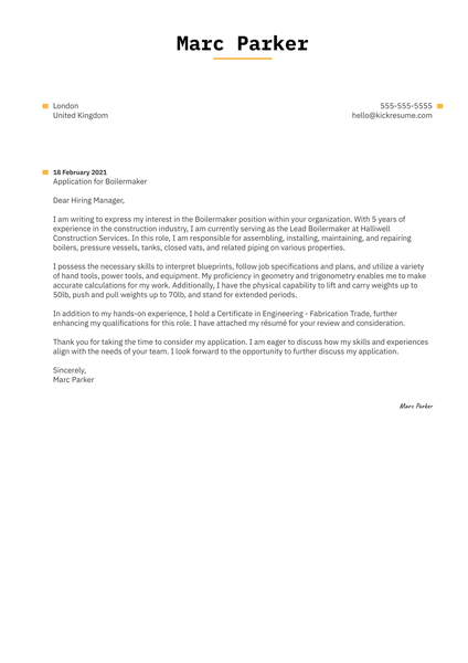 Boilermaker Cover Letter Sample