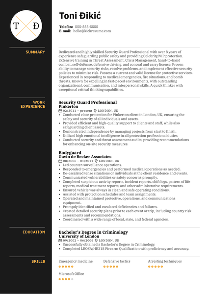 Security Guard Professional Resume Sample