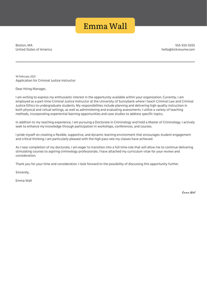 Criminal Justice Instructor Cover Letter Example