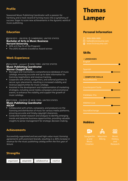 Music Publishing Coordinator Resume Sample