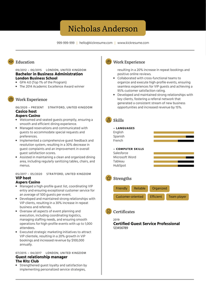 Casino host Resume Sample