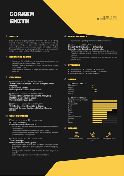 Sales and Marketing at Harbour.Space Resume Sample