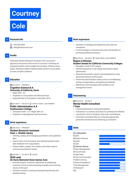 Student Research Assistant at University of California Resume Example