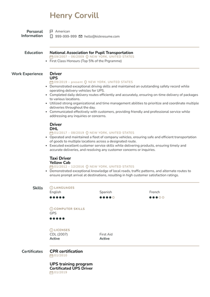 UPS Driver Resume Sample