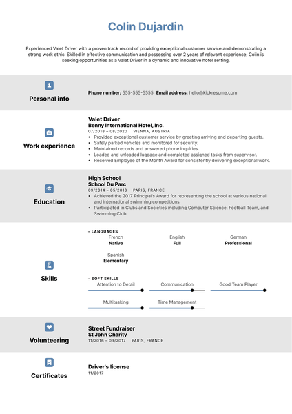 Valet Driver Resume Sample