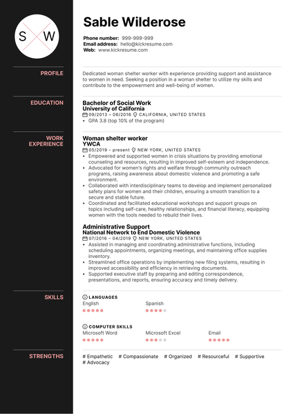 Woman Shelter Worker Resume Sample