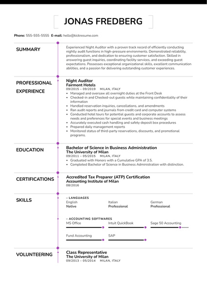 Night Auditor Resume Example