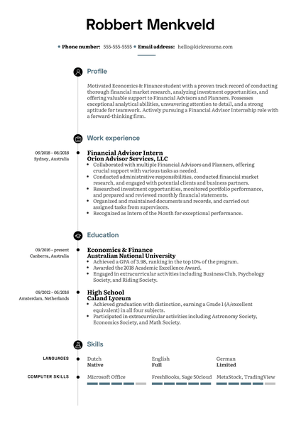 Financial Advisor Intern Resume Example