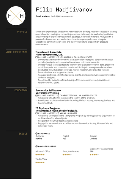 Investment Associate Resume Example