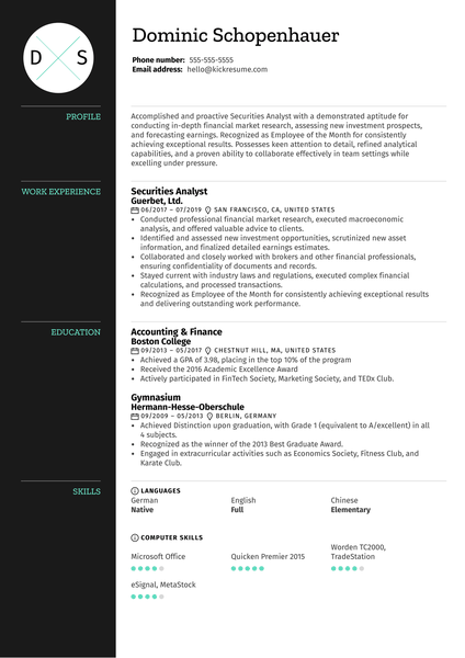 Securities Analyst Resume Sample