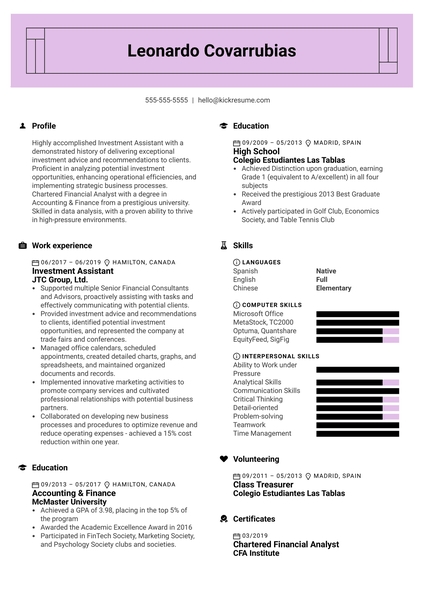 Investment Assistant Resume Sample