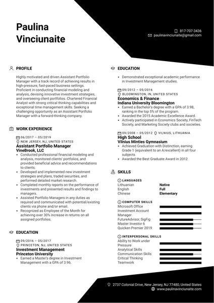 Assistant Portfolio Manager Resume Example