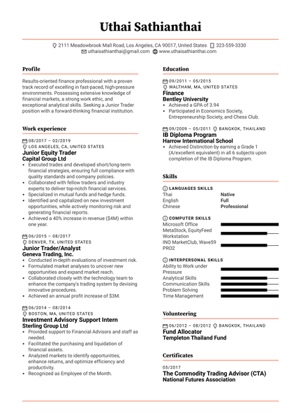 Junior Trader Resume Template