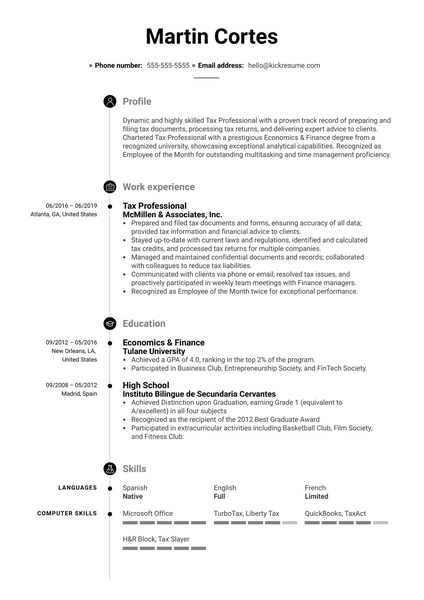 Tax Professional Resume Example