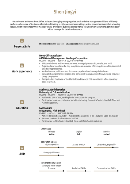 Front Office Assistant Resume Example