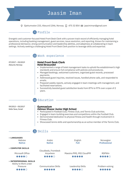 Hotel Front Desk Clerk Resume Sample