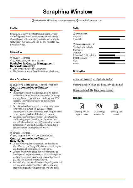 Quality Control Coordinator Resume Sample