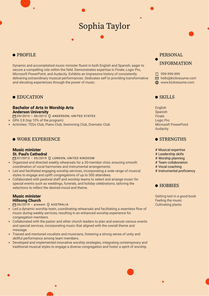 Music minister Resume Sample