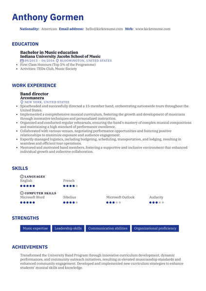 Band director Resume Sample