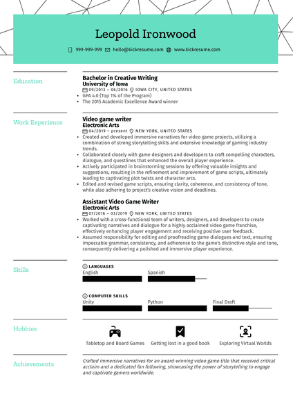 Video Game Writer Resume Sample