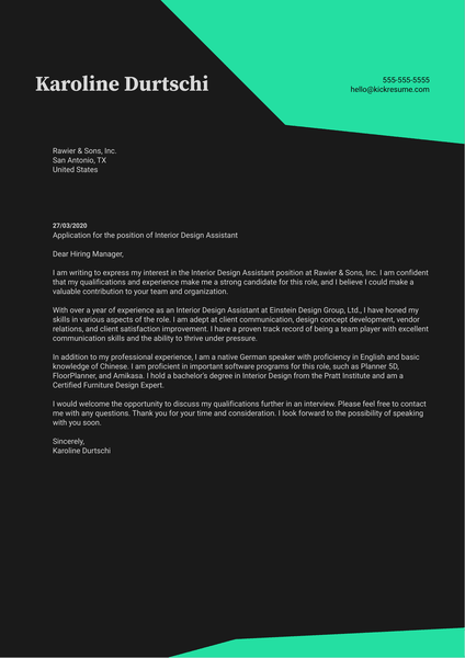 Interior Design Assistant Cover Letter Sample